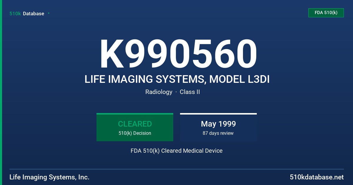 K990560 LIFE IMAGING SYSTEMS, MODEL L3DI FDA 510(k) Cleared Medical Device