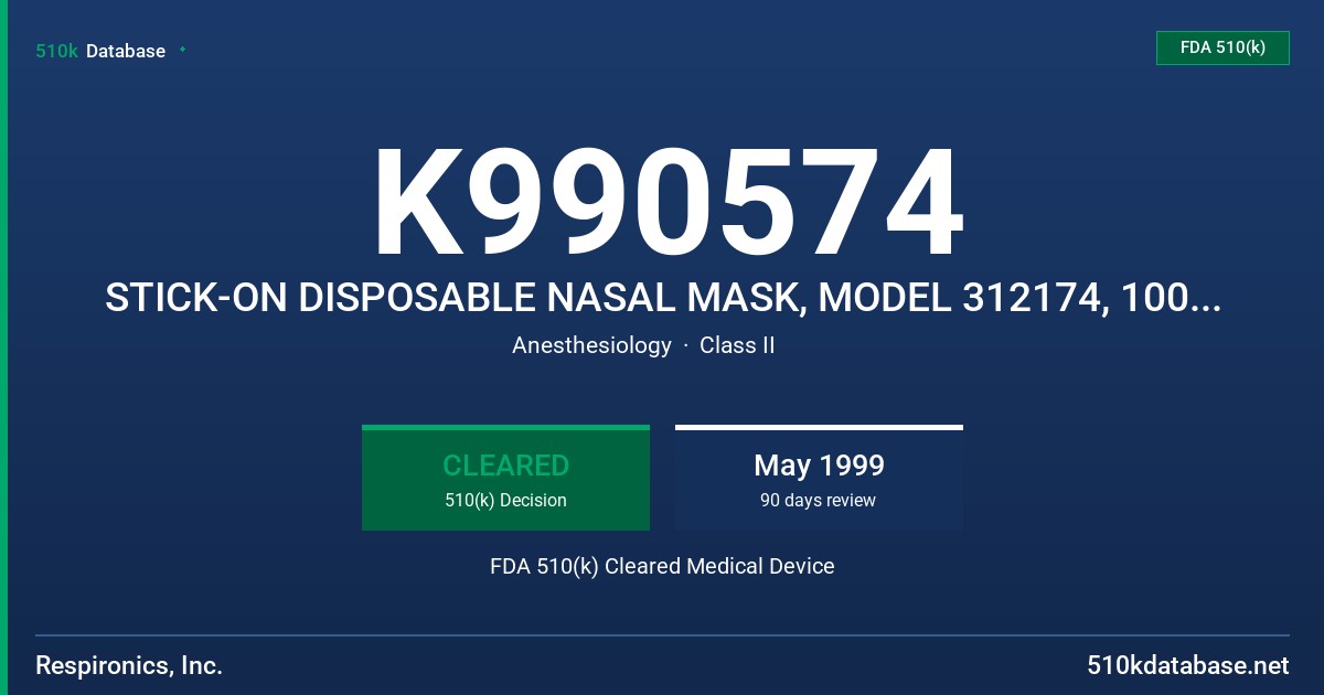K990574 STICK-ON DISPOSABLE NASAL MASK, MODEL 312174, 1001964 FDA 510(k) Cleared Medical Device