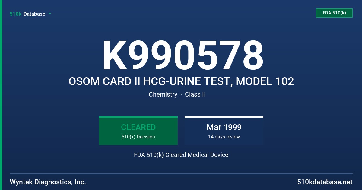 K990578 OSOM CARD II HCG-URINE TEST, MODEL 102 FDA 510(k) Cleared Medical Device