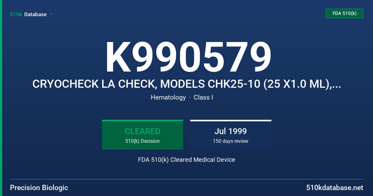 K990579 CRYOCHECK LA CHECK, MODELS CHK25-10 (25 X1.0 ML), CHK80-10 (80 X 1.0 ML) FDA 510(k) Cleared Medical Device