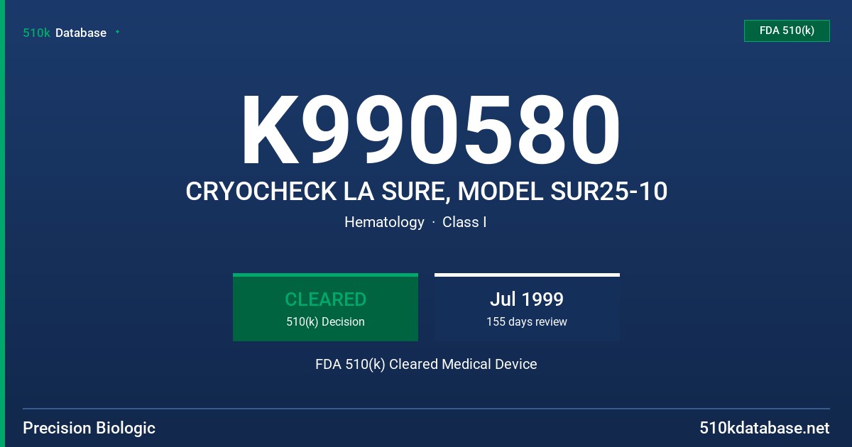K990580 CRYOCHECK LA SURE, MODEL SUR25-10 FDA 510(k) Cleared Medical Device