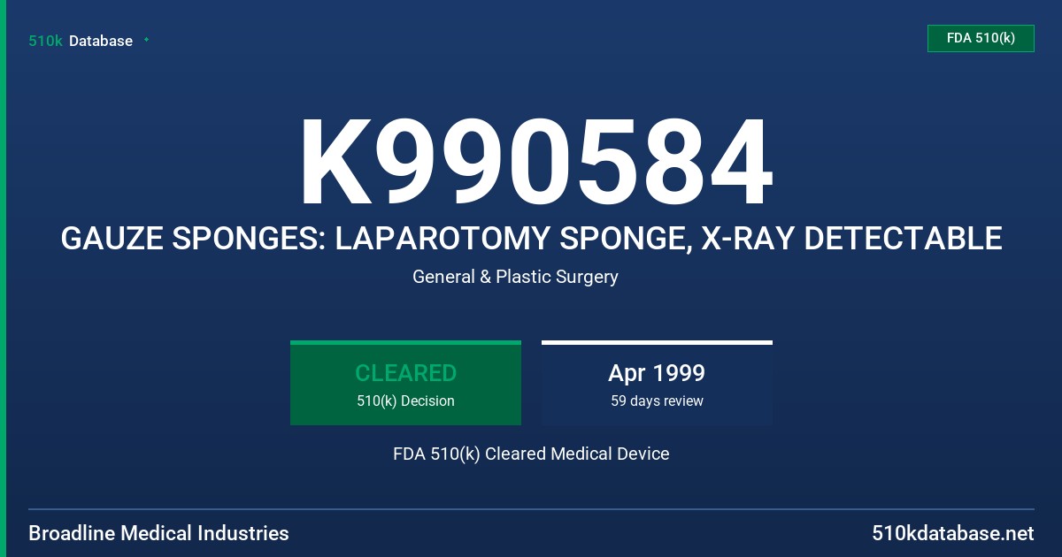 K990584 GAUZE SPONGES: LAPAROTOMY SPONGE, X-RAY DETECTABLE FDA 510(k) Cleared Medical Device
