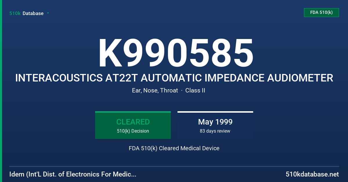 K990585 INTERACOUSTICS AT22T AUTOMATIC IMPEDANCE AUDIOMETER FDA 510(k) Cleared Medical Device