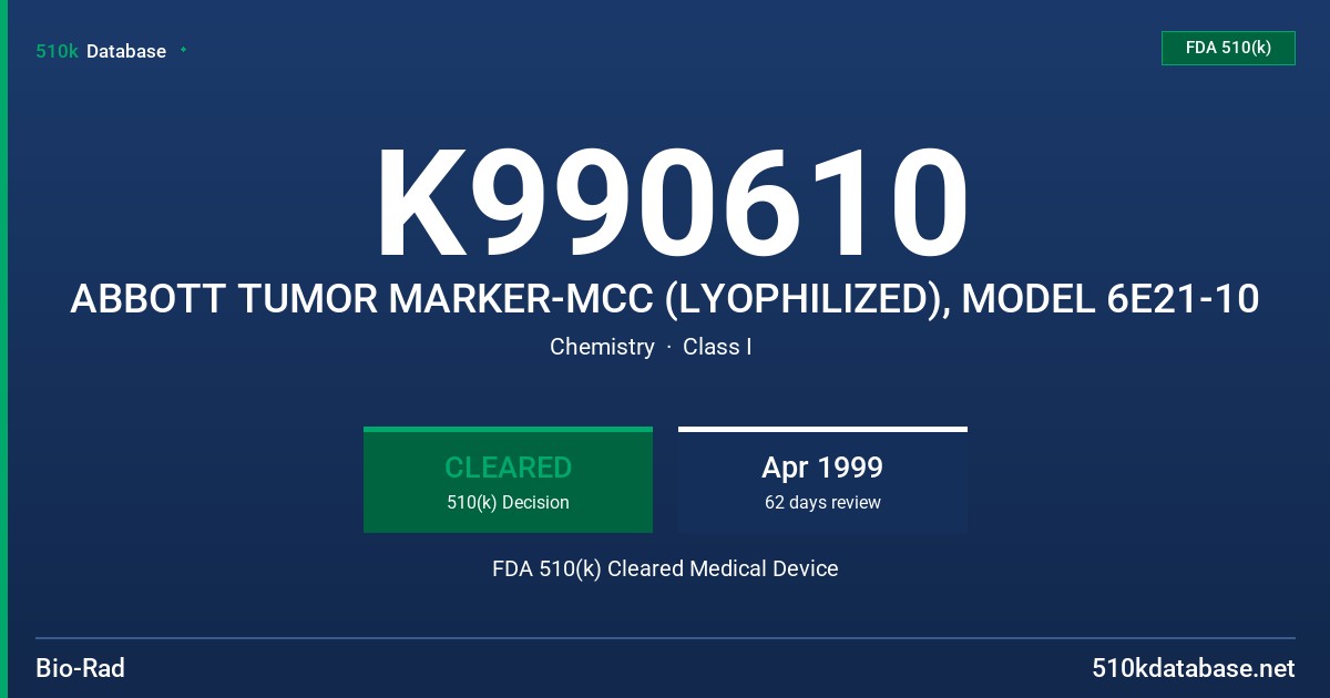 K990610 ABBOTT TUMOR MARKER-MCC (LYOPHILIZED), MODEL 6E21-10 FDA 510(k) Cleared Medical Device