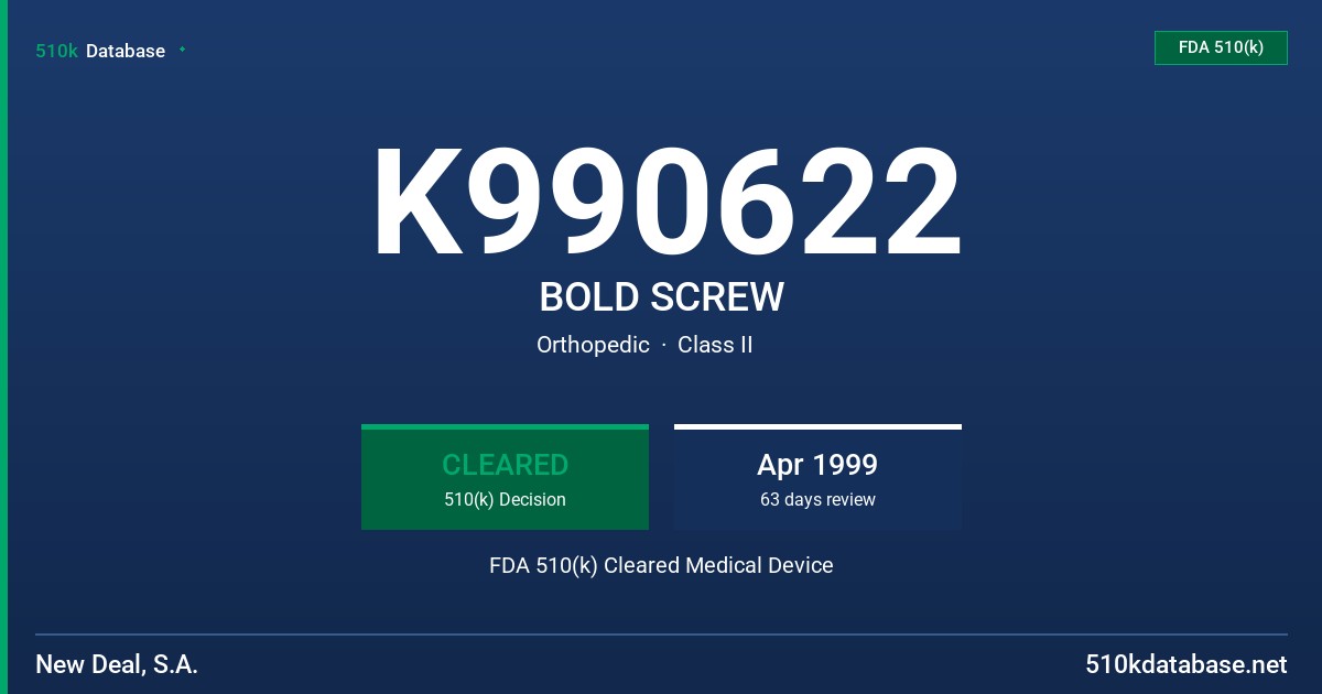 K990622 BOLD SCREW FDA 510(k) Cleared Medical Device