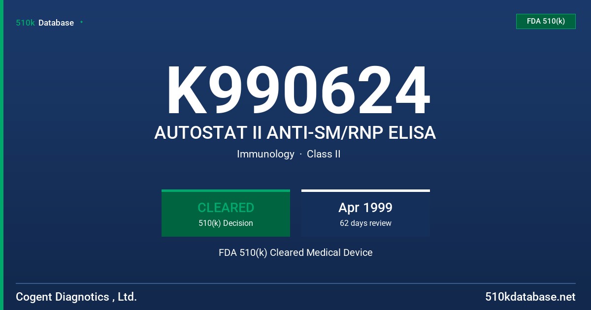 K990624 AUTOSTAT II ANTI-SM/RNP ELISA FDA 510(k) Cleared Medical Device