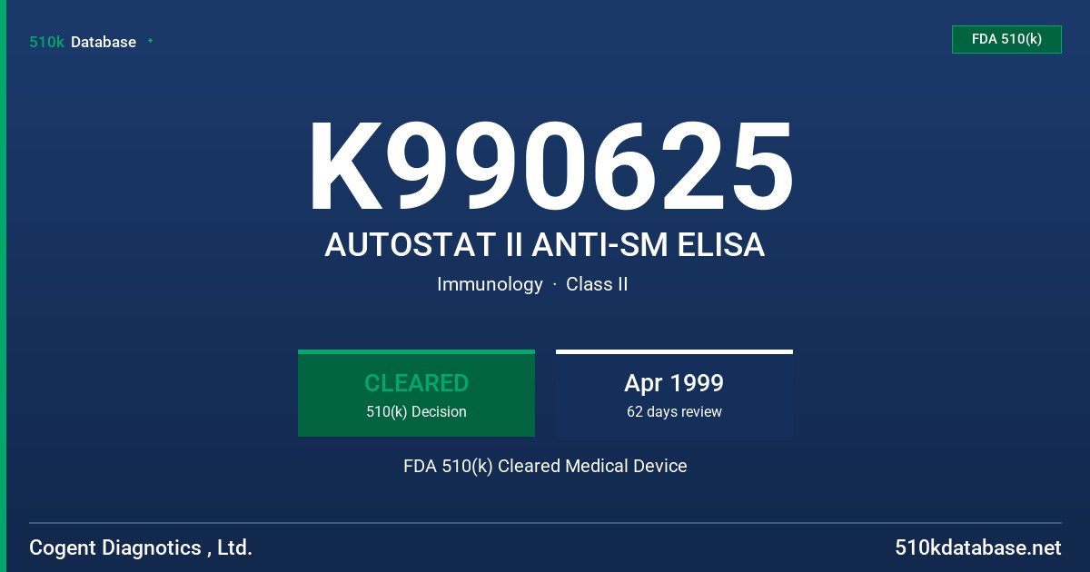 K990625 AUTOSTAT II ANTI-SM ELISA FDA 510(k) Cleared Medical Device