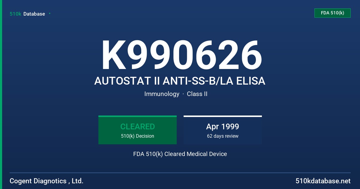 K990626 AUTOSTAT II ANTI-SS-B/LA ELISA FDA 510(k) Cleared Medical Device