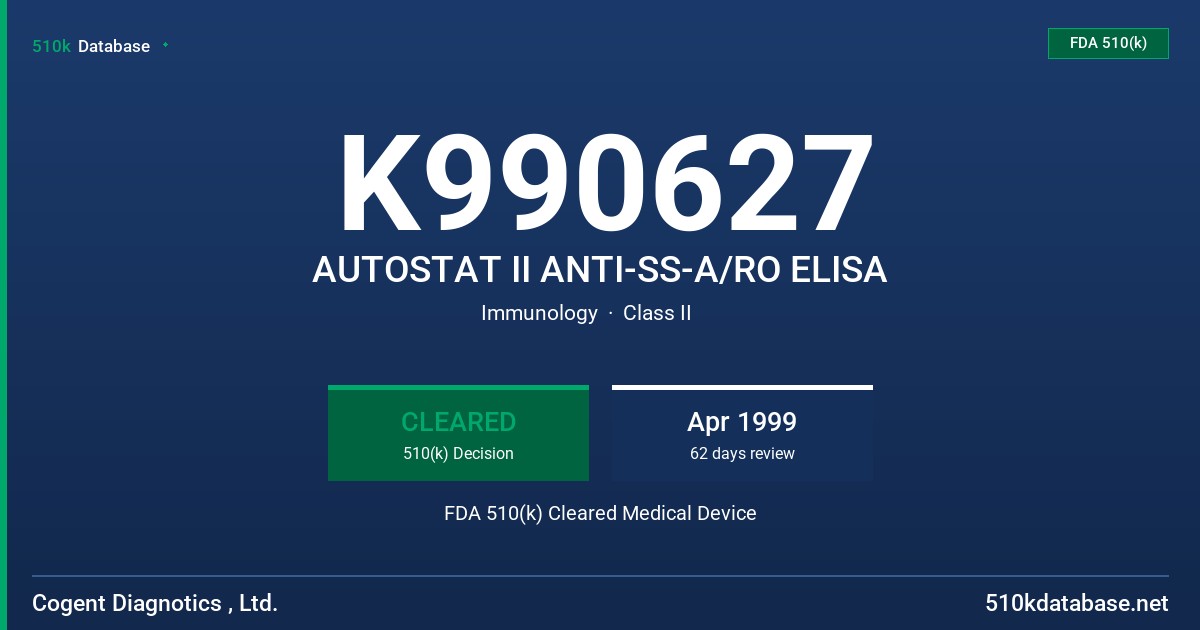 K990627 AUTOSTAT II ANTI-SS-A/RO ELISA FDA 510(k) Cleared Medical Device