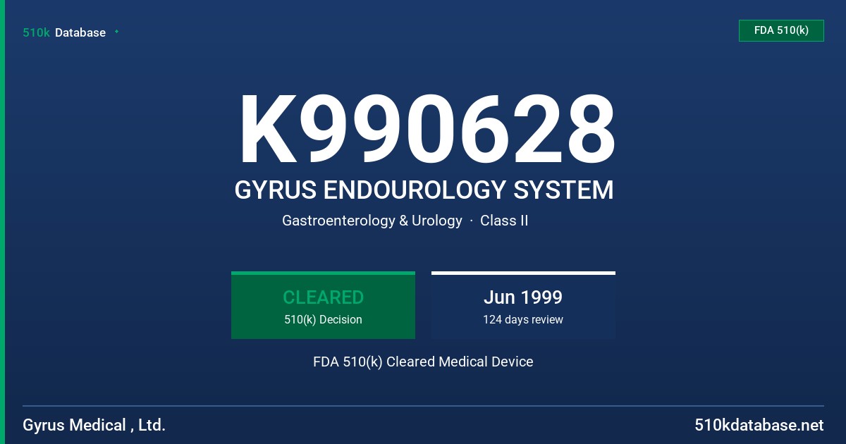 K990628 GYRUS ENDOUROLOGY SYSTEM FDA 510(k) Cleared Medical Device