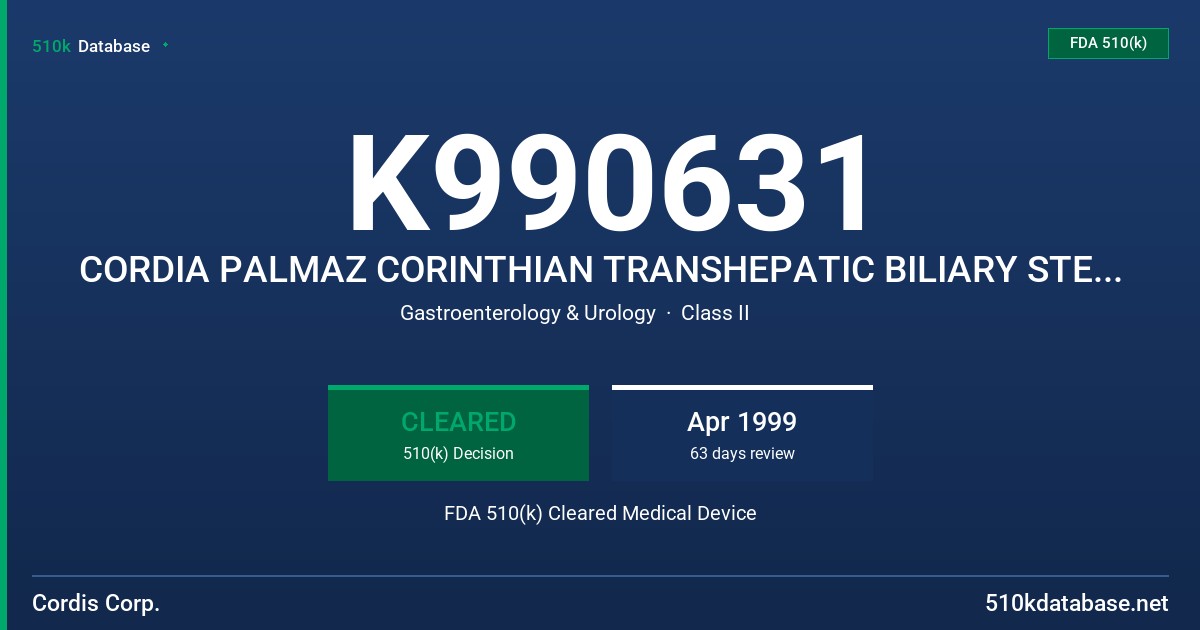 K990631 CORDIA PALMAZ CORINTHIAN TRANSHEPATIC BILIARY STENT AND DELIVERY SYSTEM, MODEL PC125BPS, PC126BPS, PC127BPS,PC128BPS, PC FDA 510(k) Cleared Medical Device