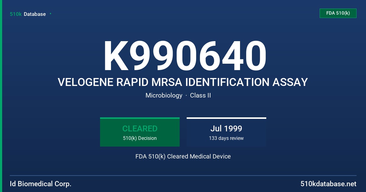K990640 VELOGENE RAPID MRSA IDENTIFICATION ASSAY FDA 510(k) Cleared Medical Device