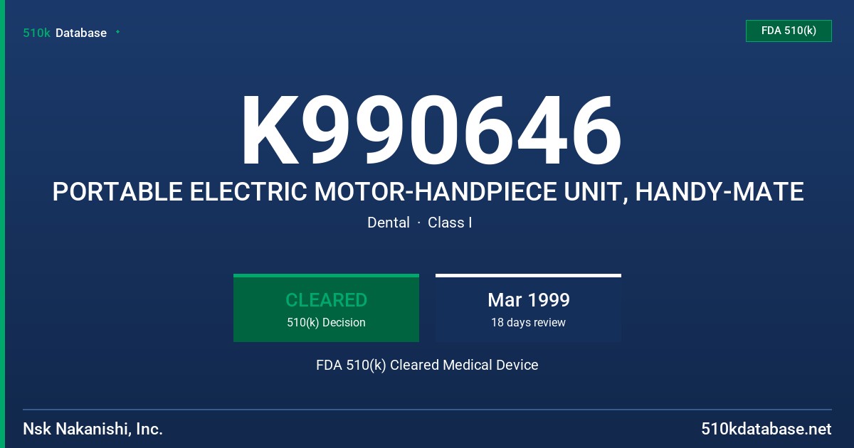K990646 PORTABLE ELECTRIC MOTOR-HANDPIECE UNIT, HANDY-MATE FDA 510(k) Cleared Medical Device