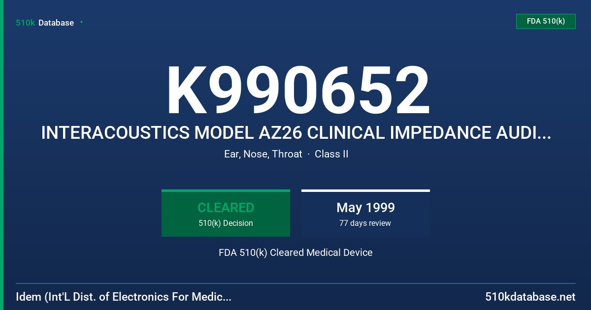 K990652 INTERACOUSTICS MODEL AZ26 CLINICAL IMPEDANCE AUDIOMETER FDA 510(k) Cleared Medical Device