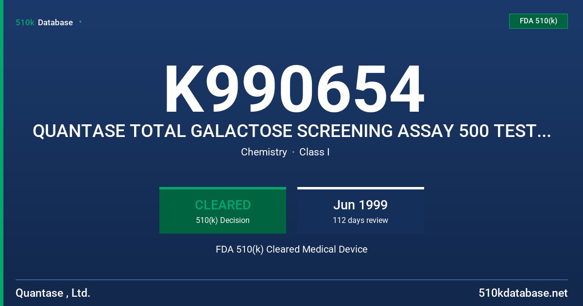 K990654 QUANTASE TOTAL GALACTOSE SCREENING ASSAY 500 TEST KIT FDA 510(k) Cleared Medical Device