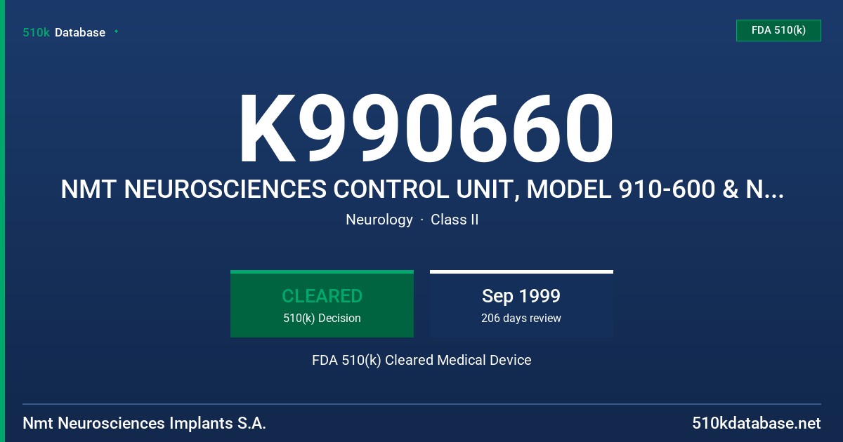 K990660 NMT NEUROSCIENCES CONTROL UNIT, MODEL 910-600 & NMT NEUROSCIENCES DISPOSABLE DRAINAGE LINE KIT, MODEL 910-6XX FDA 510(k) Cleared Medical Device
