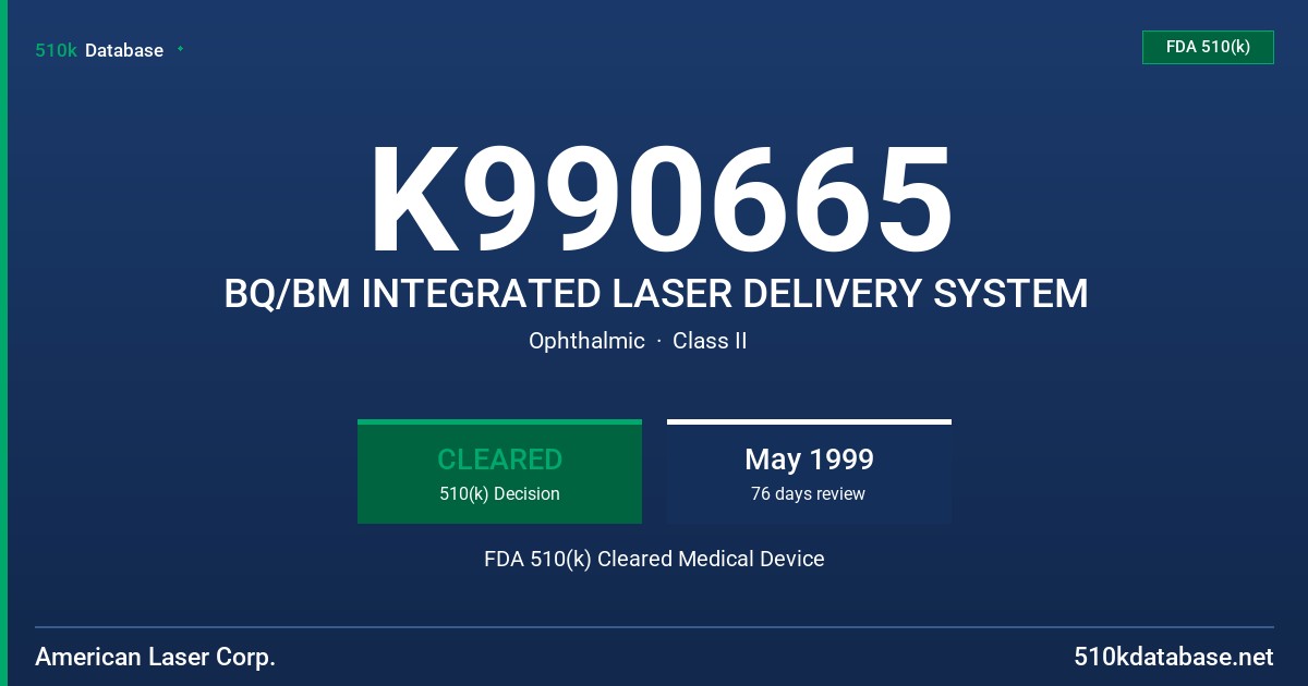 K990665 BQ/BM INTEGRATED LASER DELIVERY SYSTEM FDA 510(k) Cleared Medical Device