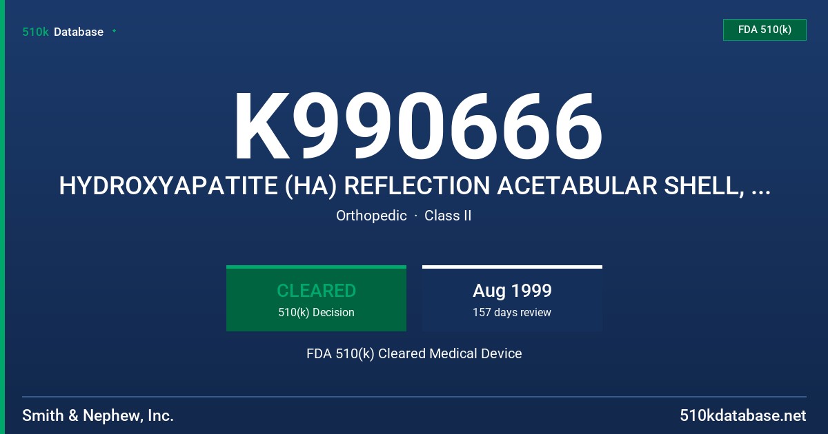 K990666 HYDROXYAPATITE (HA) REFLECTION ACETABULAR SHELL, HYDROXYAPATITE (HA) REFLECTION INTERFIT SHELL FDA 510(k) Cleared Medical Device