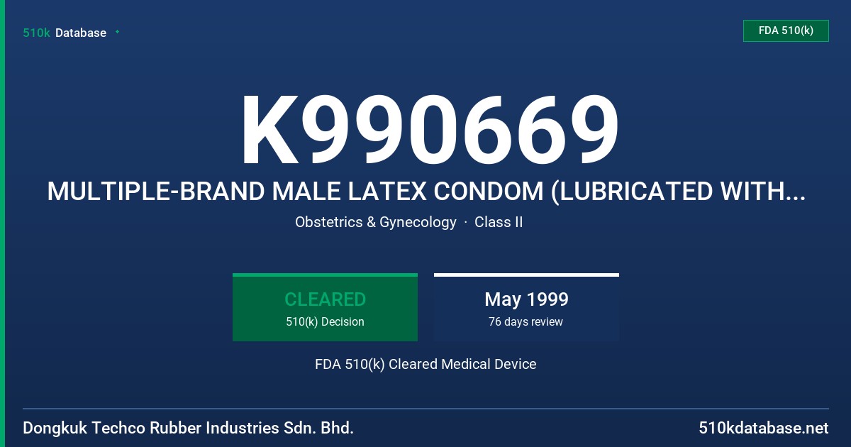 K990669 MULTIPLE-BRAND MALE LATEX CONDOM (LUBRICATED WITH NONOXYNOL-9) FDA 510(k) Cleared Medical Device