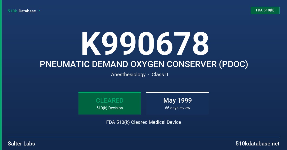 K990678 PNEUMATIC DEMAND OXYGEN CONSERVER (PDOC) FDA 510(k) Cleared Medical Device