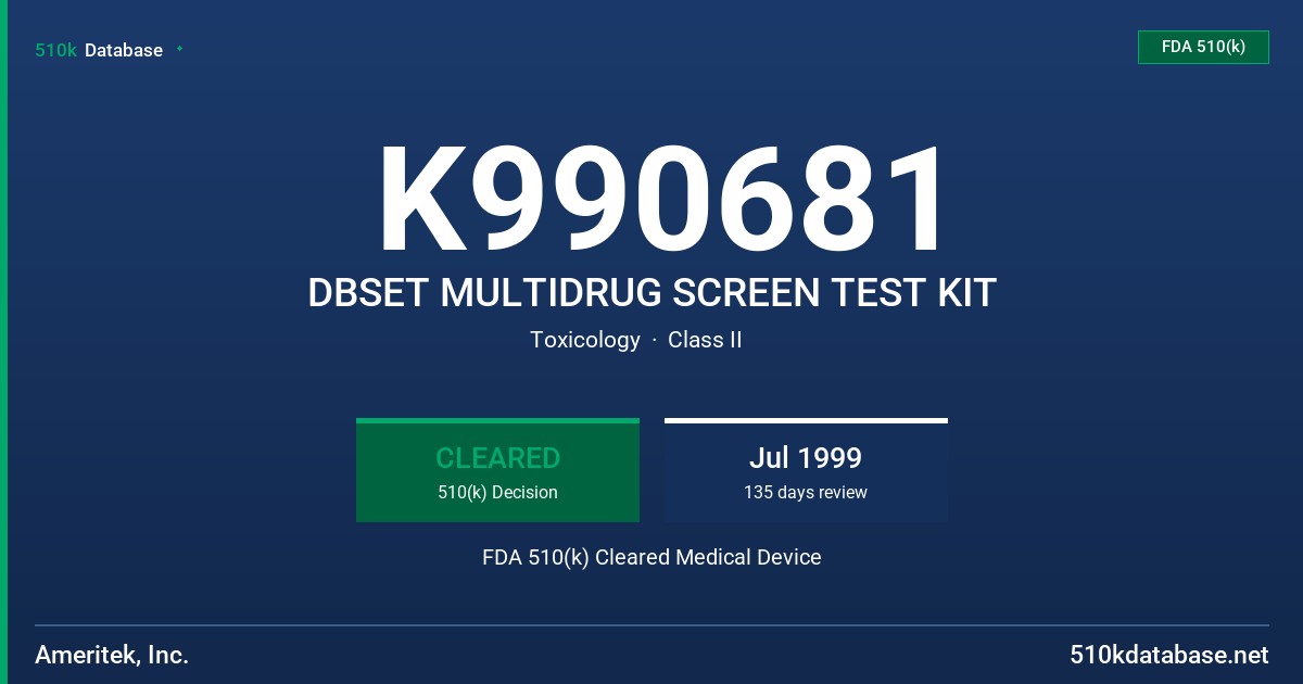 K990681 DBSET MULTIDRUG SCREEN TEST KIT FDA 510(k) Cleared Medical Device