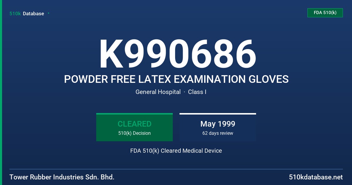 K990686 POWDER FREE LATEX EXAMINATION GLOVES FDA 510(k) Cleared Medical Device
