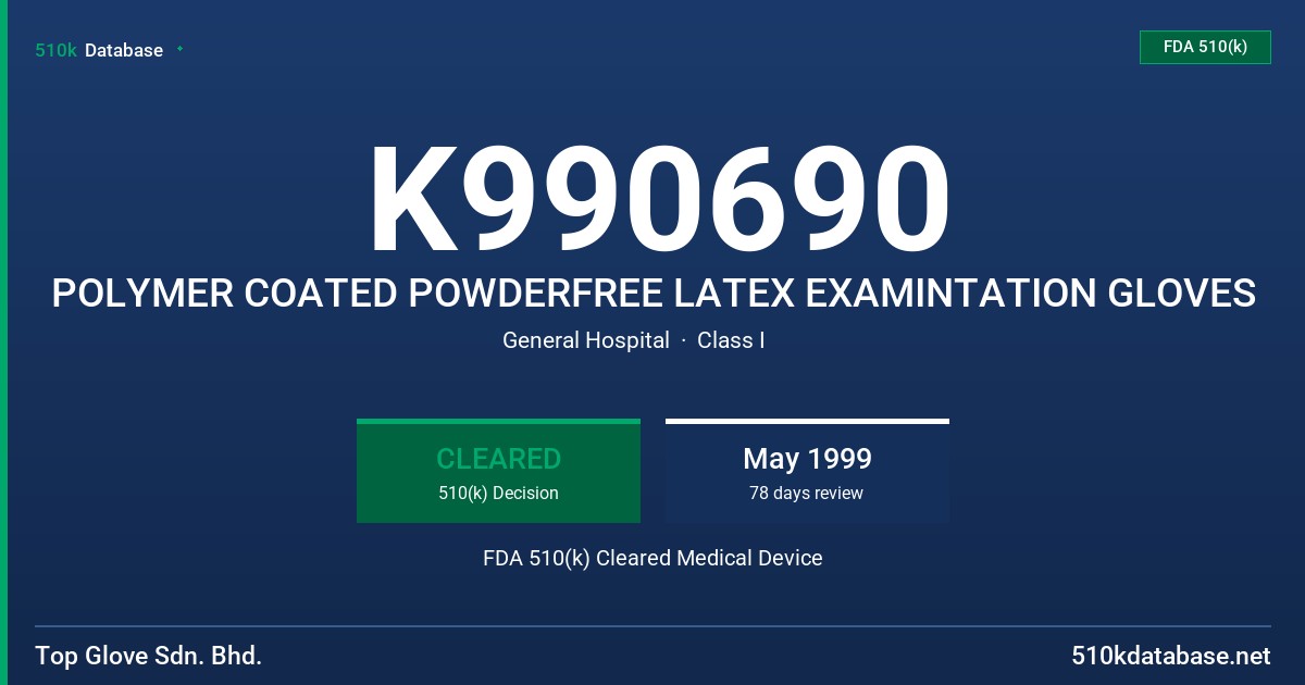 K990690 POLYMER COATED POWDERFREE LATEX EXAMINTATION GLOVES FDA 510(k) Cleared Medical Device
