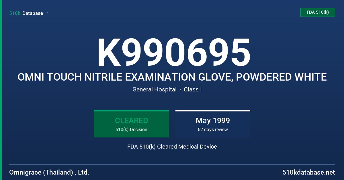 K990695 OMNI TOUCH NITRILE EXAMINATION GLOVE, POWDERED WHITE FDA 510(k) Cleared Medical Device