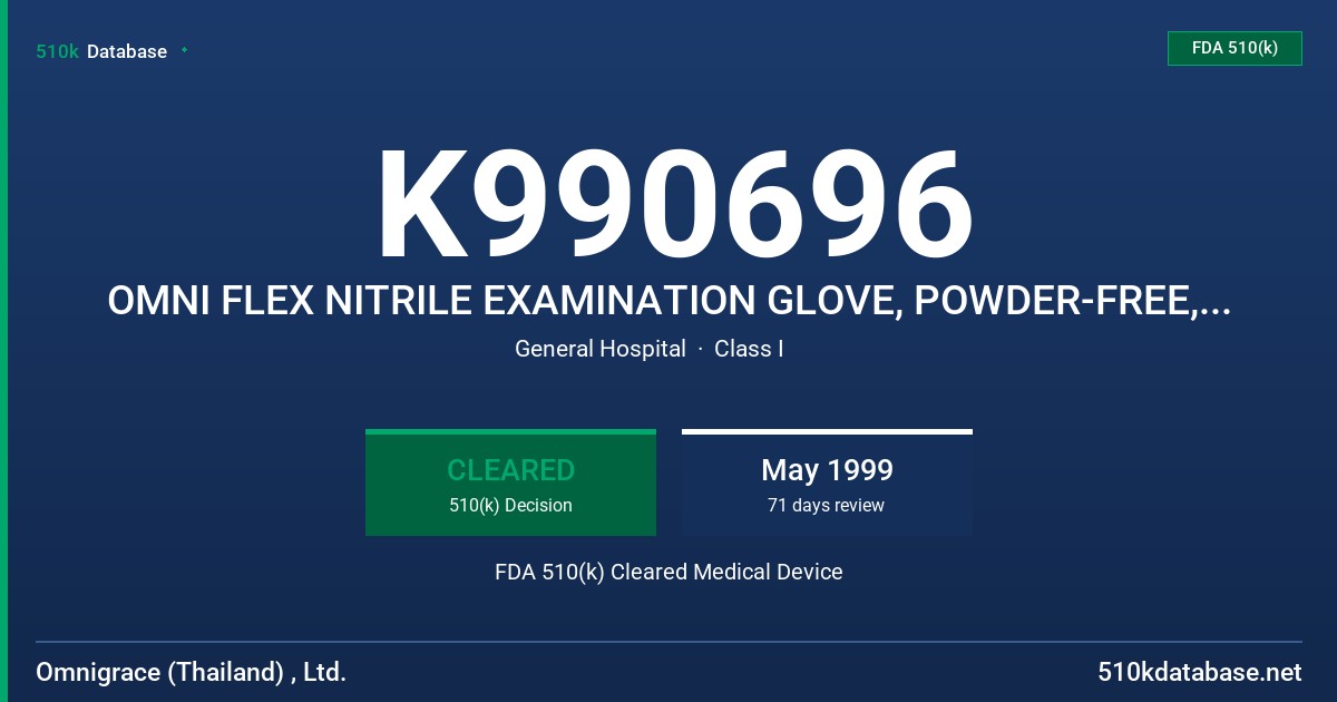 K990696 OMNI FLEX NITRILE EXAMINATION GLOVE, POWDER-FREE,WHITE FDA 510(k) Cleared Medical Device