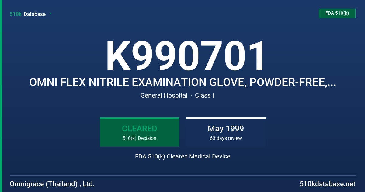 K990701 OMNI FLEX NITRILE EXAMINATION GLOVE, POWDER-FREE, PURPLE FDA 510(k) Cleared Medical Device