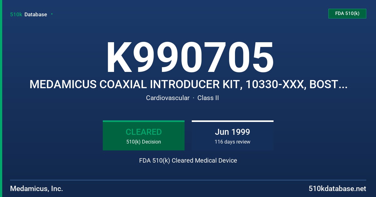 K990705 MEDAMICUS COAXIAL INTRODUCER KIT, 10330-XXX, BOSTON SCIENTIFIC COAXIAL DILATOR SET FDA 510(k) Cleared Medical Device