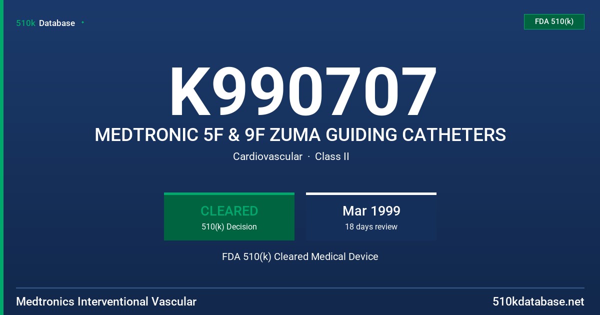 K990707 MEDTRONIC 5F & 9F ZUMA GUIDING CATHETERS FDA 510(k) Cleared Medical Device