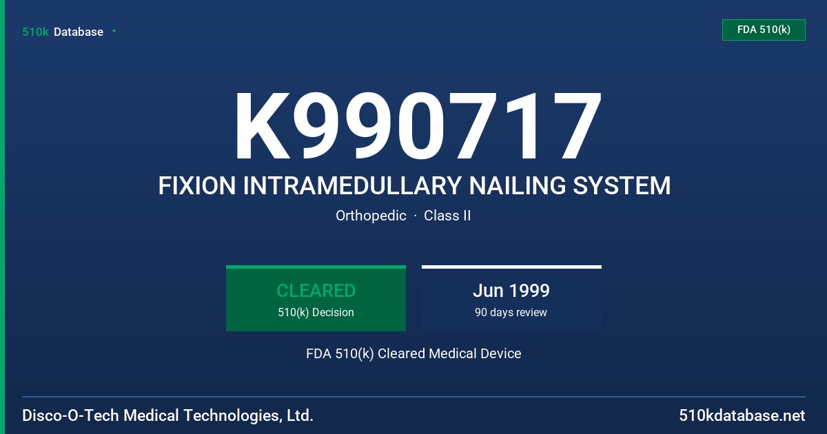 K990717 FIXION INTRAMEDULLARY NAILING SYSTEM FDA 510(k) Cleared Medical Device