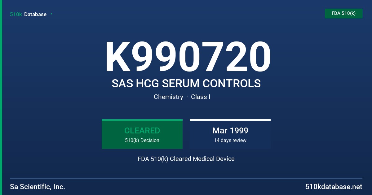 K990720 SAS HCG SERUM CONTROLS FDA 510(k) Cleared Medical Device
