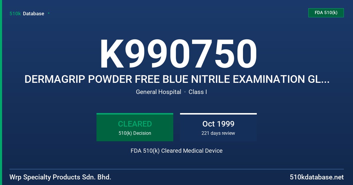 K990750 DERMAGRIP POWDER FREE BLUE NITRILE EXAMINATION GLOVE, NON STERILE FDA 510(k) Cleared Medical Device