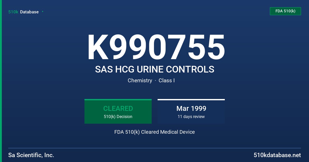 K990755 SAS HCG URINE CONTROLS FDA 510(k) Cleared Medical Device