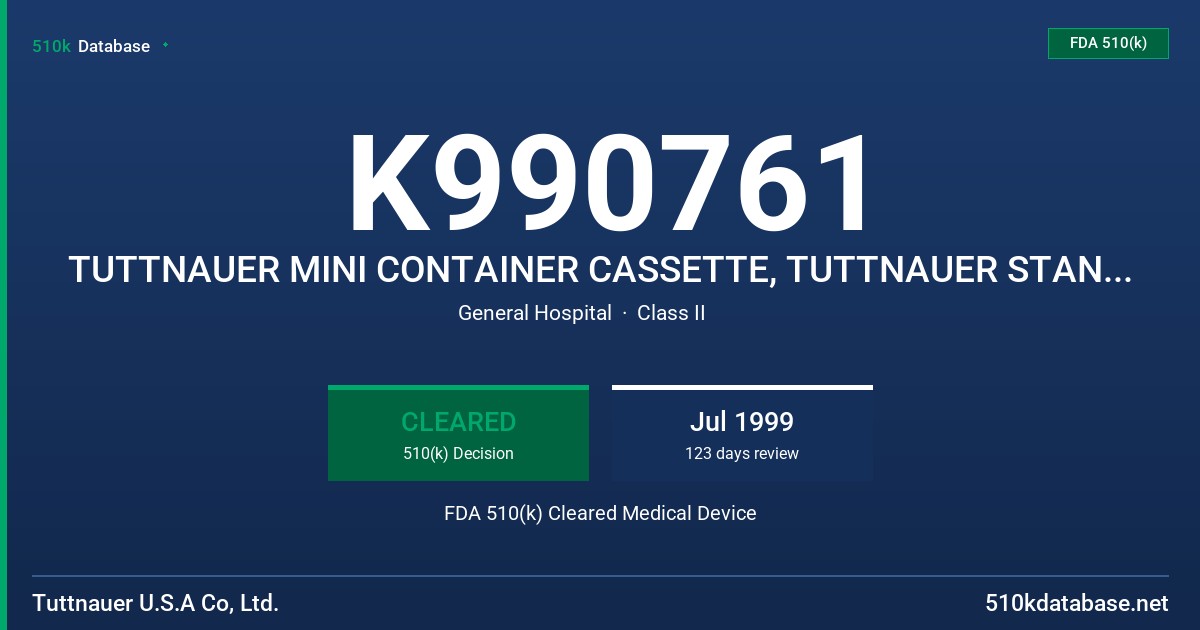 K990761 TUTTNAUER MINI CONTAINER CASSETTE, TUTTNAUER STANDARD CASE CASSETTE FDA 510(k) Cleared Medical Device