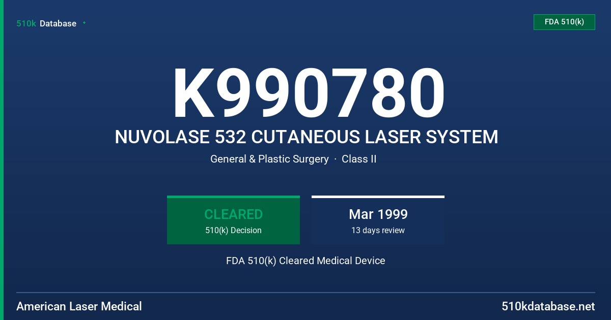 K990780 NUVOLASE 532 CUTANEOUS LASER SYSTEM FDA 510(k) Cleared Medical Device