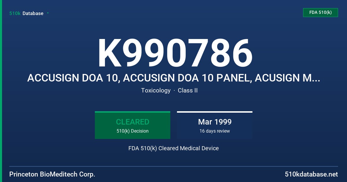 K990786 ACCUSIGN DOA 10, ACCUSIGN DOA 10 PANEL, ACUSIGN MET/OPI/COC/THC/PCP/BZO/BAR/MTD/TCA/AMP, BIOSIGN DOA10, BIOSIGN MET/OPI/ FDA 510(k) Cleared Medical Device