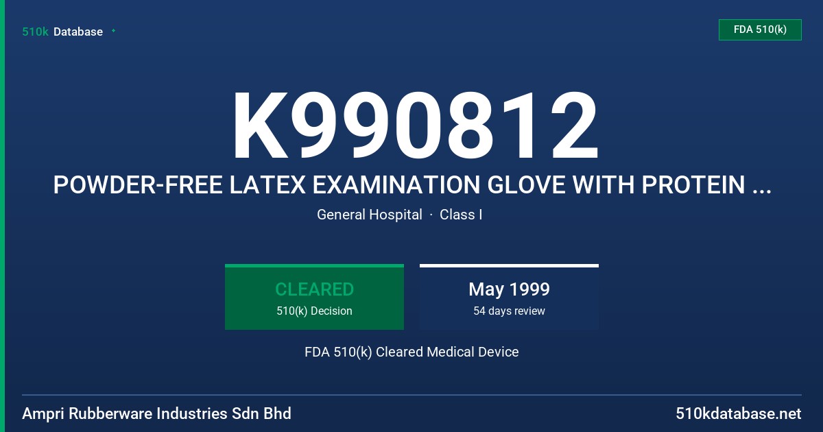 K990812 POWDER-FREE LATEX EXAMINATION GLOVE WITH PROTEIN LABELING CLAIM (CONTAINS 50 MICROGRAMS OR LESS  OF TOTAL WATER EXTRACTA FDA 510(k) Cleared Medical Device