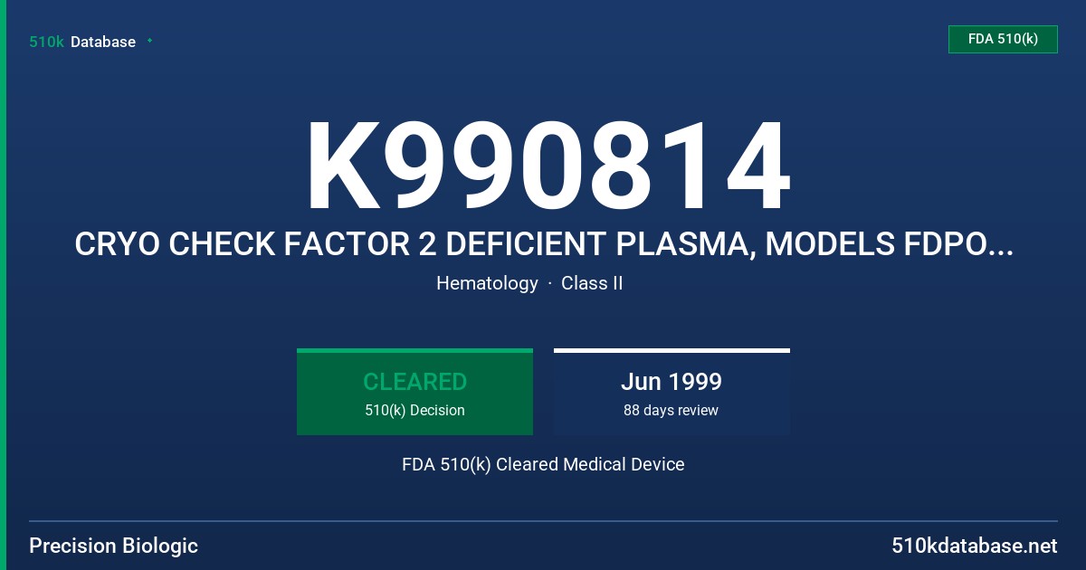 K990814 CRYO CHECK FACTOR 2 DEFICIENT PLASMA, MODELS FDPO2-10, FDP02-15 FDA 510(k) Cleared Medical Device
