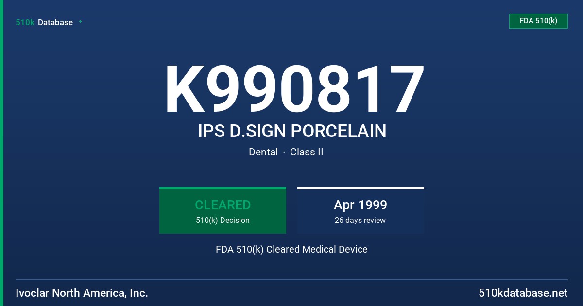 K990817 IPS D.SIGN PORCELAIN FDA 510(k) Cleared Medical Device