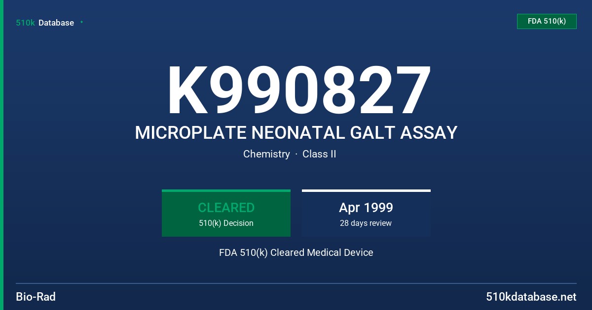 K990827 MICROPLATE NEONATAL GALT ASSAY FDA 510(k) Cleared Medical Device