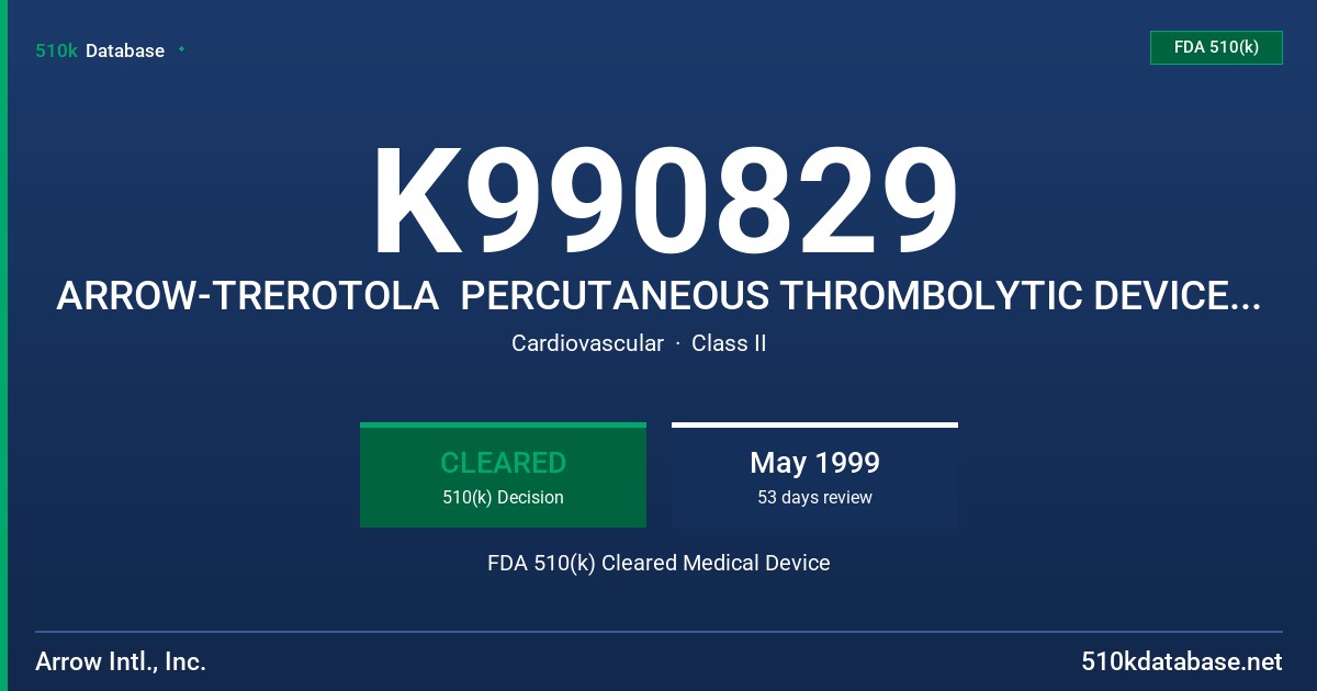 K990829 ARROW-TREROTOLA  PERCUTANEOUS THROMBOLYTIC DEVICE OR PTD, MODELS PT-45509 (CATHETER KIT WITH INTRODUCER SHEATHS),PT-65 FDA 510(k) Cleared Medical Device