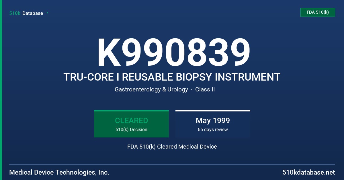 K990839 TRU-CORE I REUSABLE BIOPSY INSTRUMENT FDA 510(k) Cleared Medical Device