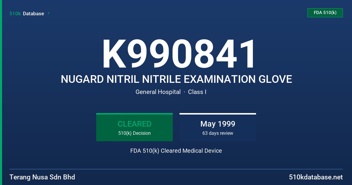 K990841 NUGARD NITRIL NITRILE EXAMINATION GLOVE FDA 510(k) Cleared Medical Device
