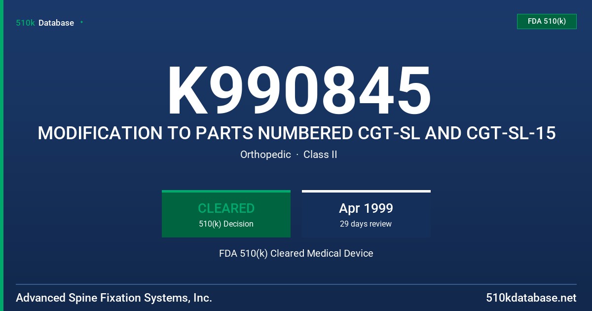 K990845 MODIFICATION TO PARTS NUMBERED CGT-SL AND CGT-SL-15 FDA 510(k) Cleared Medical Device