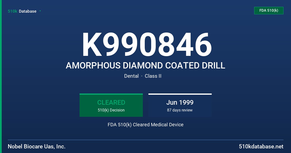 K990846 AMORPHOUS DIAMOND COATED DRILL FDA 510(k) Cleared Medical Device