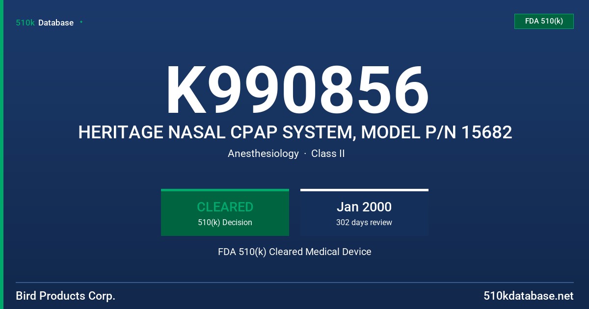 K990856 HERITAGE NASAL CPAP SYSTEM, MODEL P/N 15682 FDA 510(k) Cleared Medical Device
