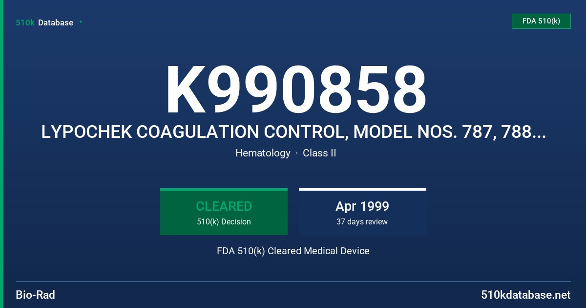 K990858 LYPOCHEK COAGULATION CONTROL, MODEL NOS. 787, 788, 789 FDA 510(k) Cleared Medical Device